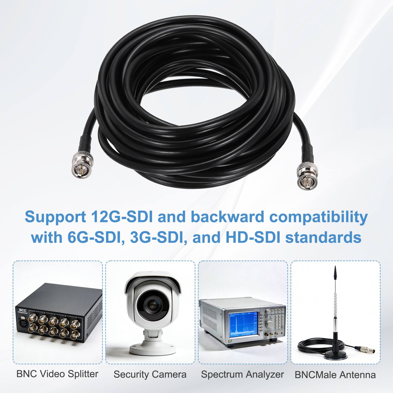 Support 12G-SDI and backward compatibility with 6G-SDI, 3G-SDI, and HD-SDI standards

- BNC Video Splitter
- Security Camera
- Spectrum Analyzer
- BNC Male Antenna