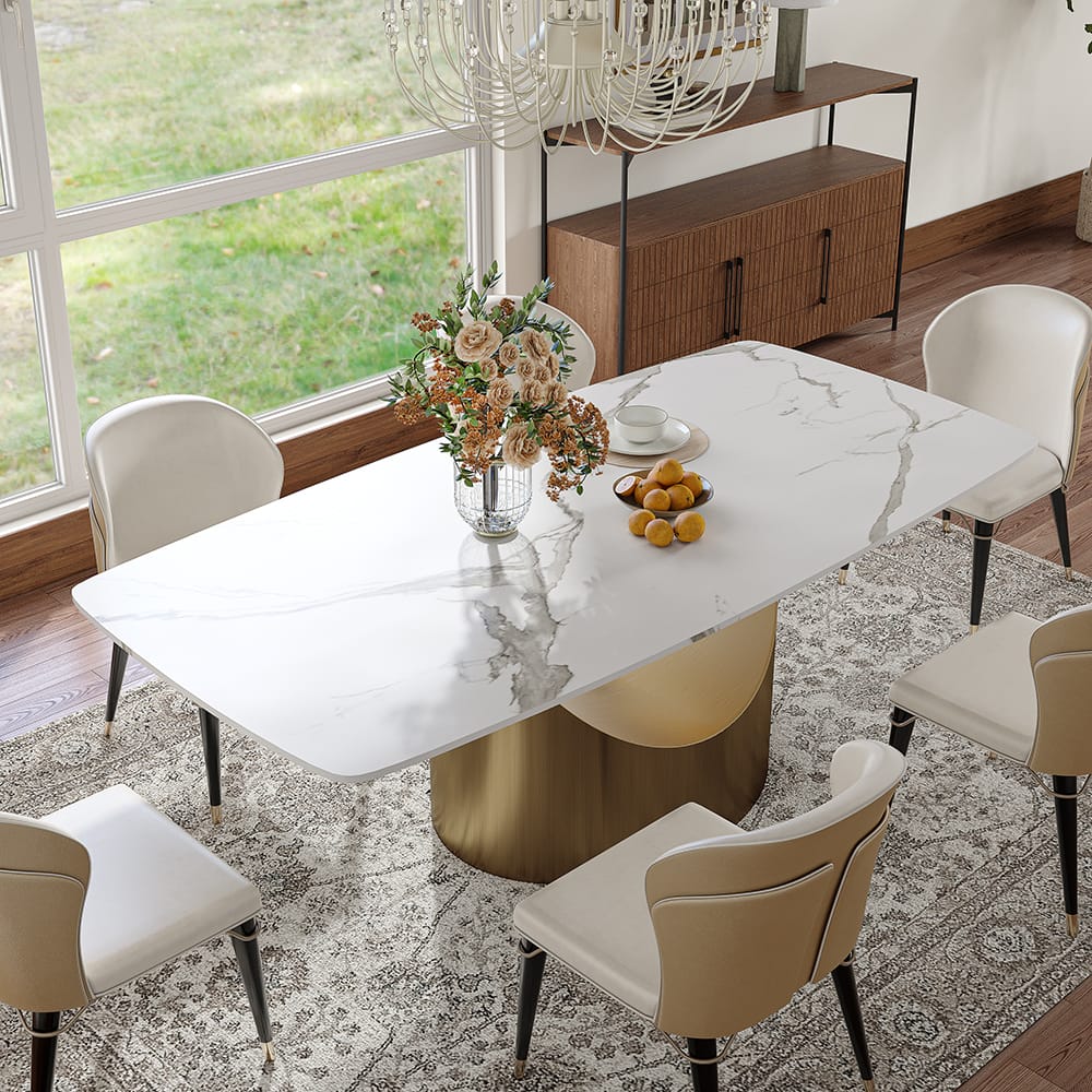 POVISON - 71" Modern Minimalist Dining Table for 4-6, White Rectangular Matte Sintered Stone Tabletop, Bronze Carbon Steel Leg - Matte White Sintered Stone with Bronze