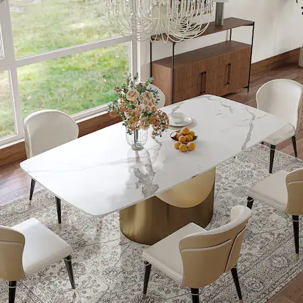 Front. POVISON - 71" Modern Minimalist Dining Table for 4-6, White Rectangular Matte Sintered Stone Tabletop, Bronze Carbon Steel Leg - Matte White Sintered Stone with Bronze.