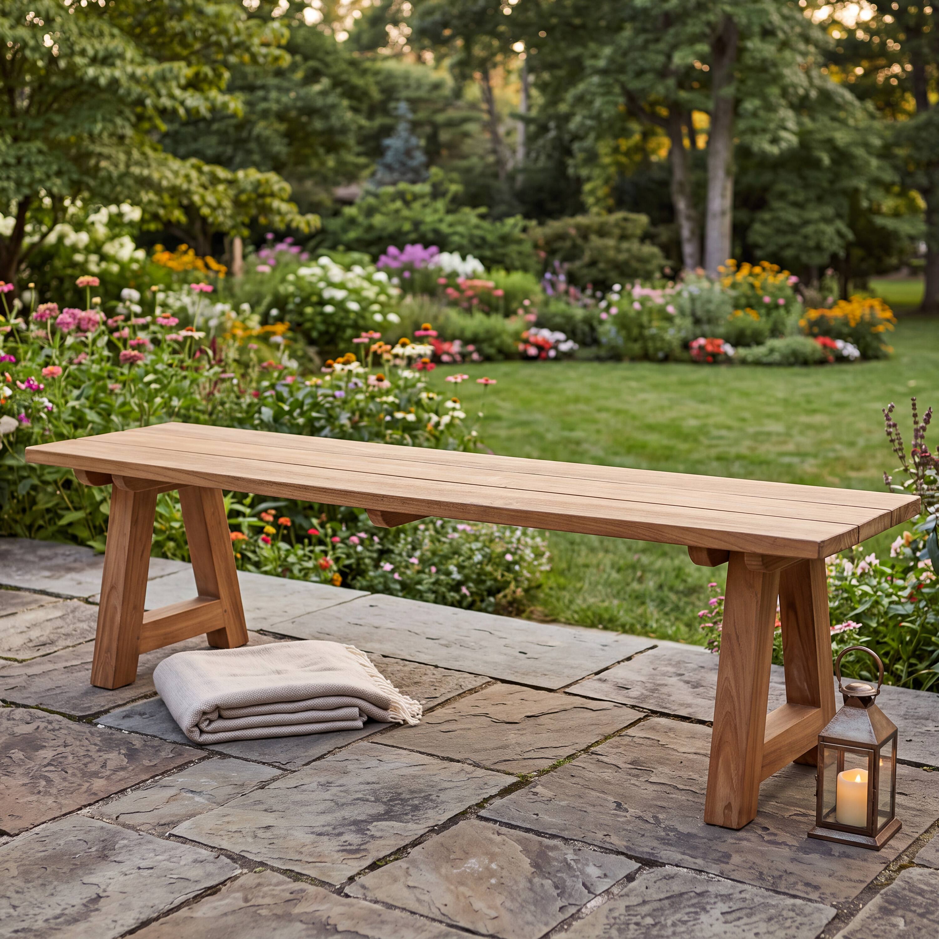 Alt View 6. Sunnydaze - Wooden Teak Trestle Outdoor Bench for Patio, 60” L, Rustic, Brown - Brown.