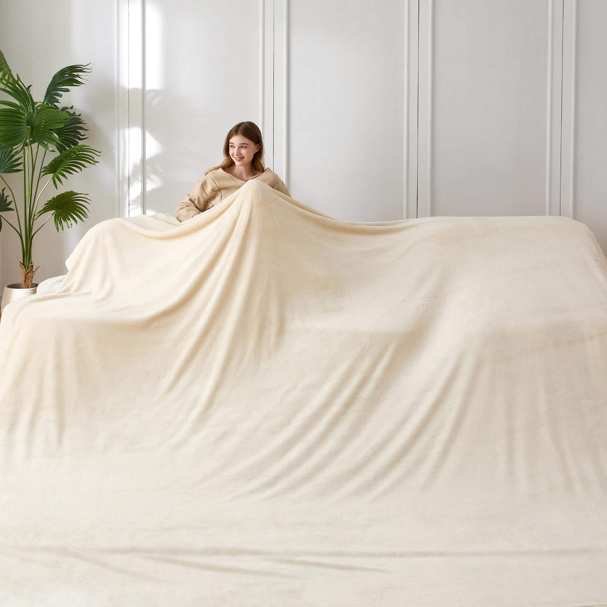 Dapper Styles - Oversized King Fleece Blanket 120x120 Inches Soft Cozy Warm Giant Extra Large 10 x10 For Bed Sofa Couch - Beige-120"x120"