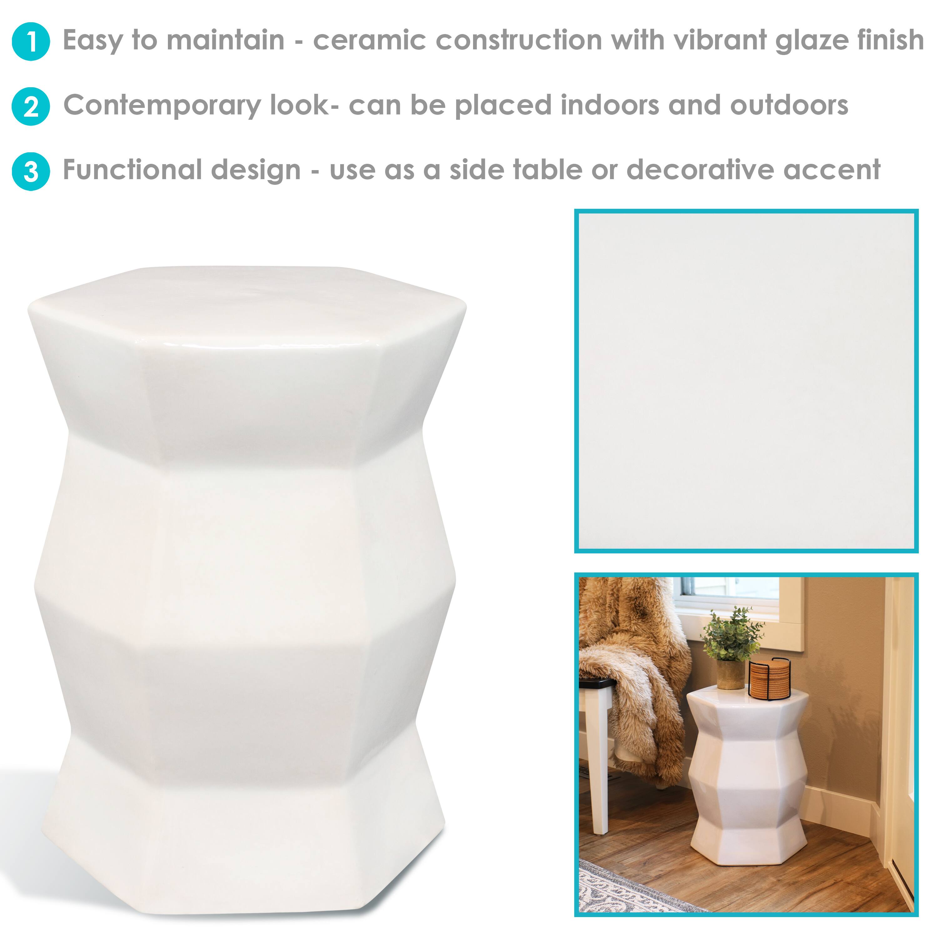 1. Easy to maintain - ceramic construction with vibrant glaze finish  
2. Contemporary look - can be placed indoors and outdoors  
3. Functional design - use as a side table or decorative accent