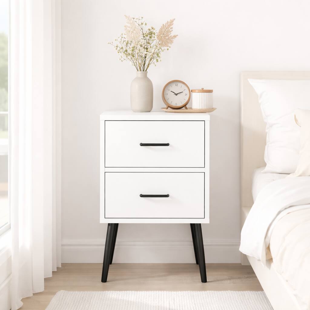 Left. Z-Edge - Nightstand with 2-Drawers and Metal Legs, Modern Bedside Table, Small End Table for Bedroom, Living Room or Apartment - White.