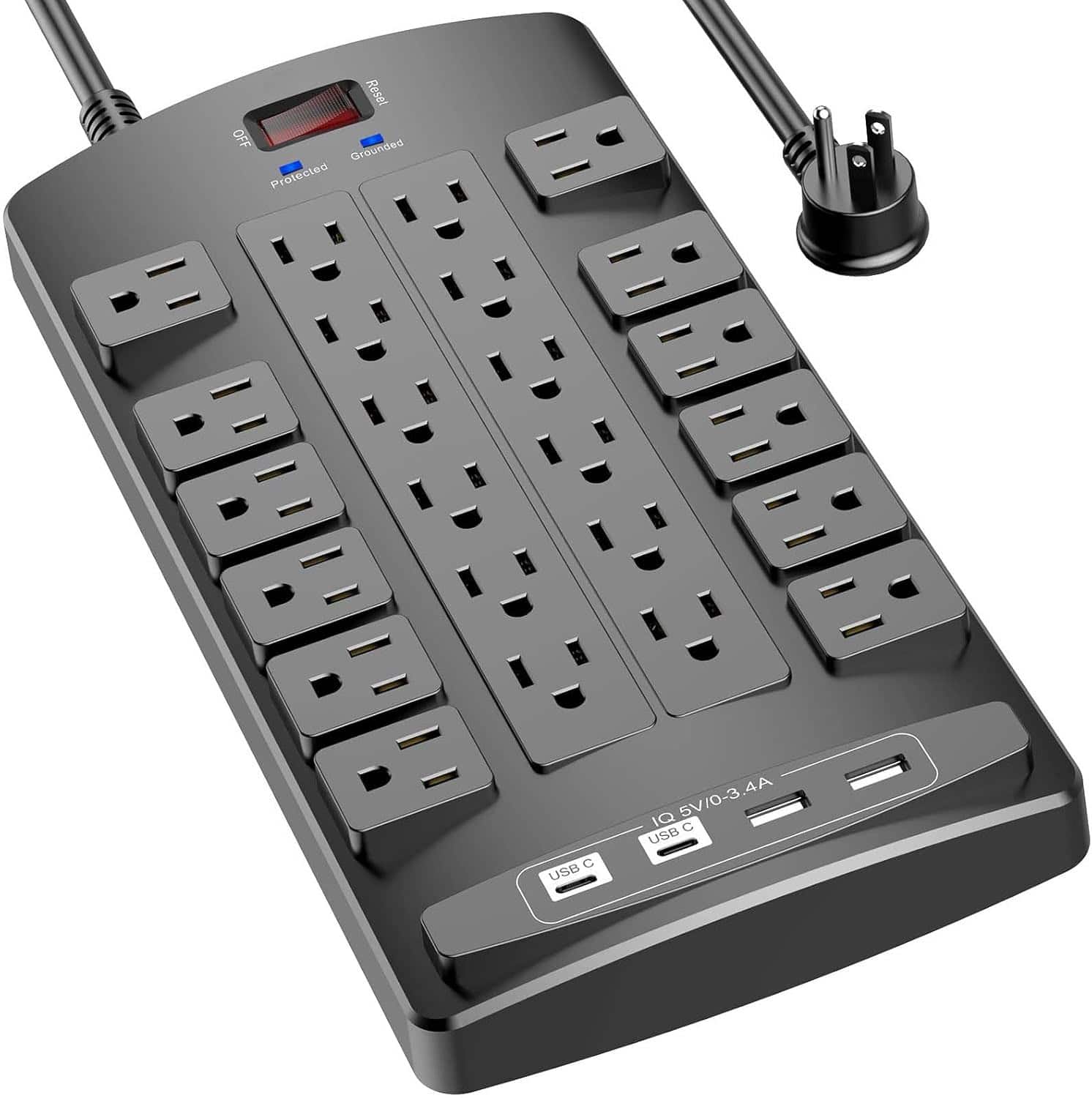 FINEAK - 6Ft Power Strip with 24 Outlets and 4 USB Ports(2 USB-C Ports) - Black