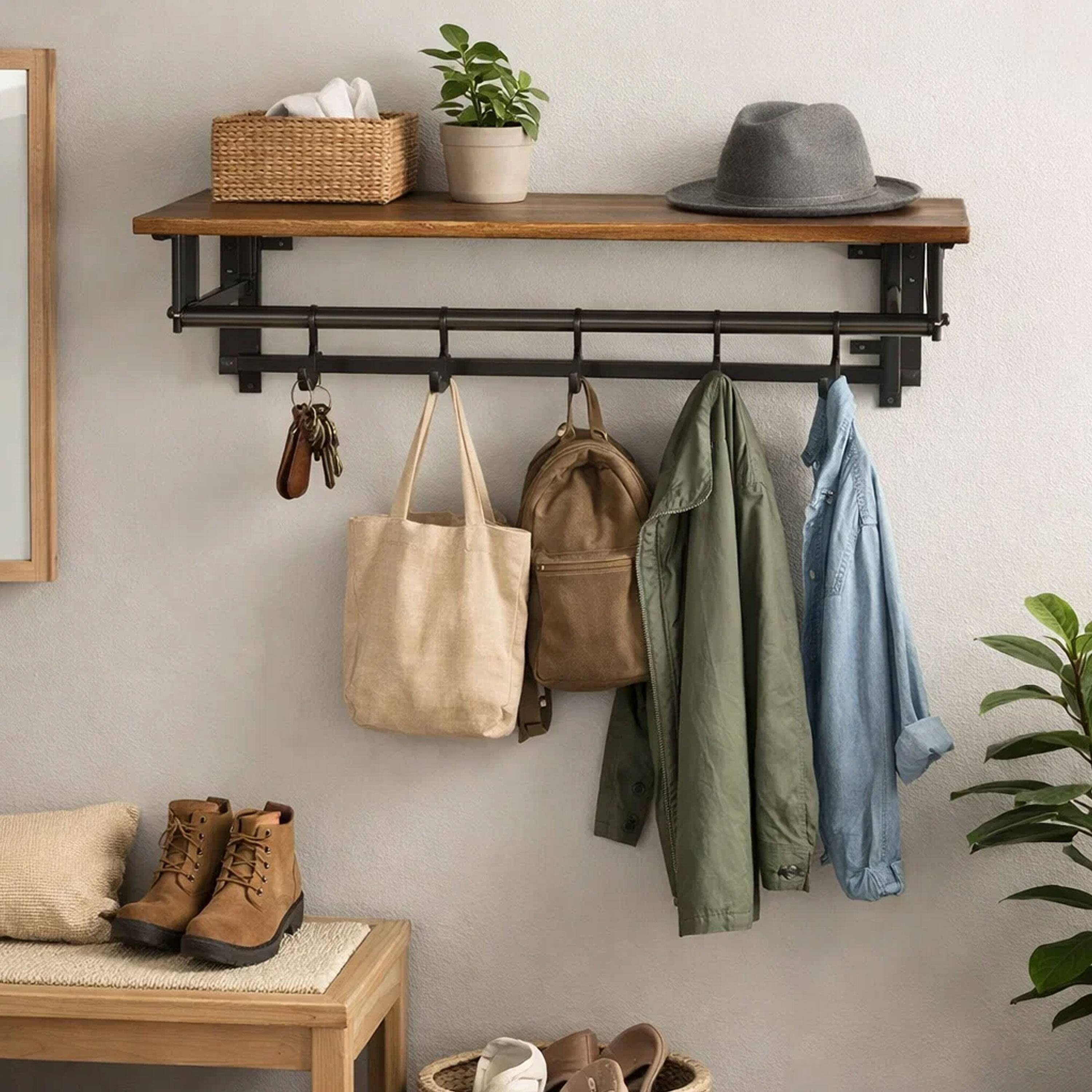 Alt View 8. Manhattan Lane - 26 Inch Industrial Metal Frame Wall Mount Coat Rack, 5 Hooks, 1 Shelf - Brown and Black.
