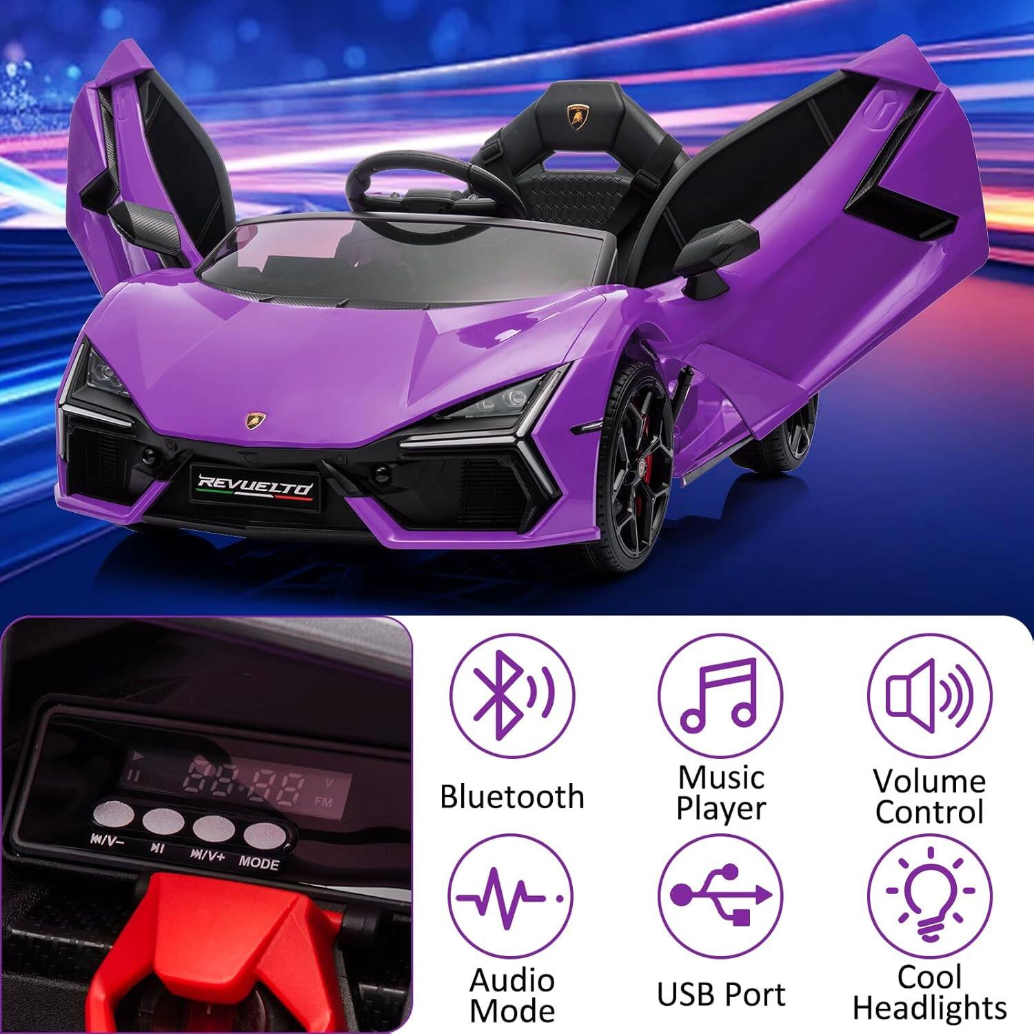 REVUELTO

Bluetooth Music Player  
Volume Control  
Audio Mode  
USB Port  
Cool Headlights