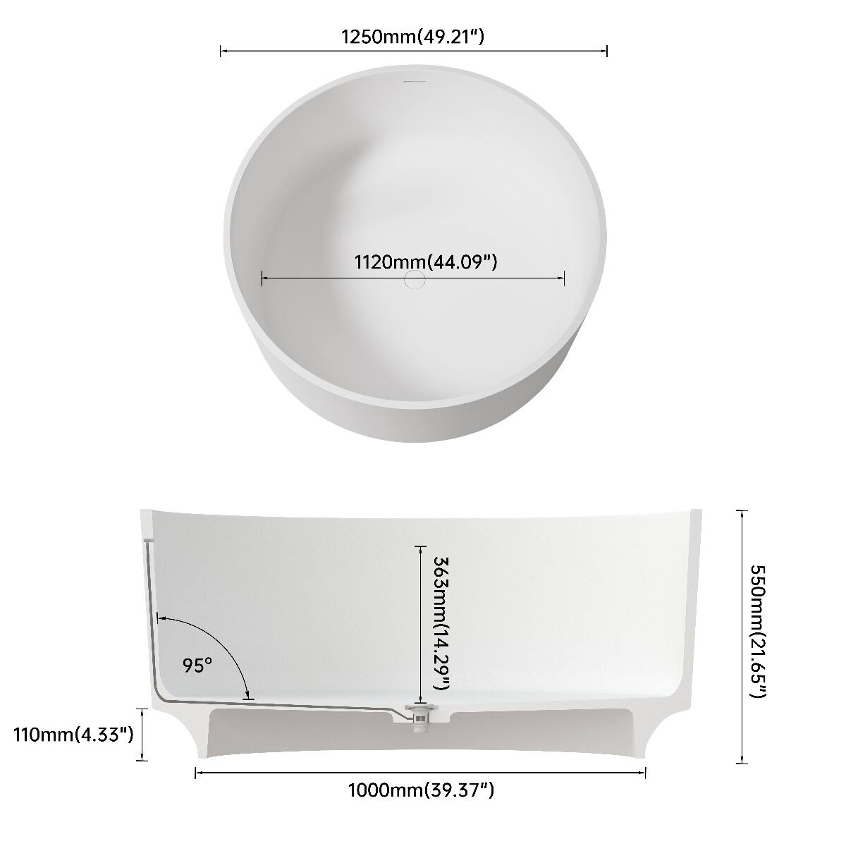 1250mm (49.21")  
1120mm (44.09")  
110mm (4.33")  
95°  
363mm (14.29")  
1000mm (39.37")  
550mm (21.65")