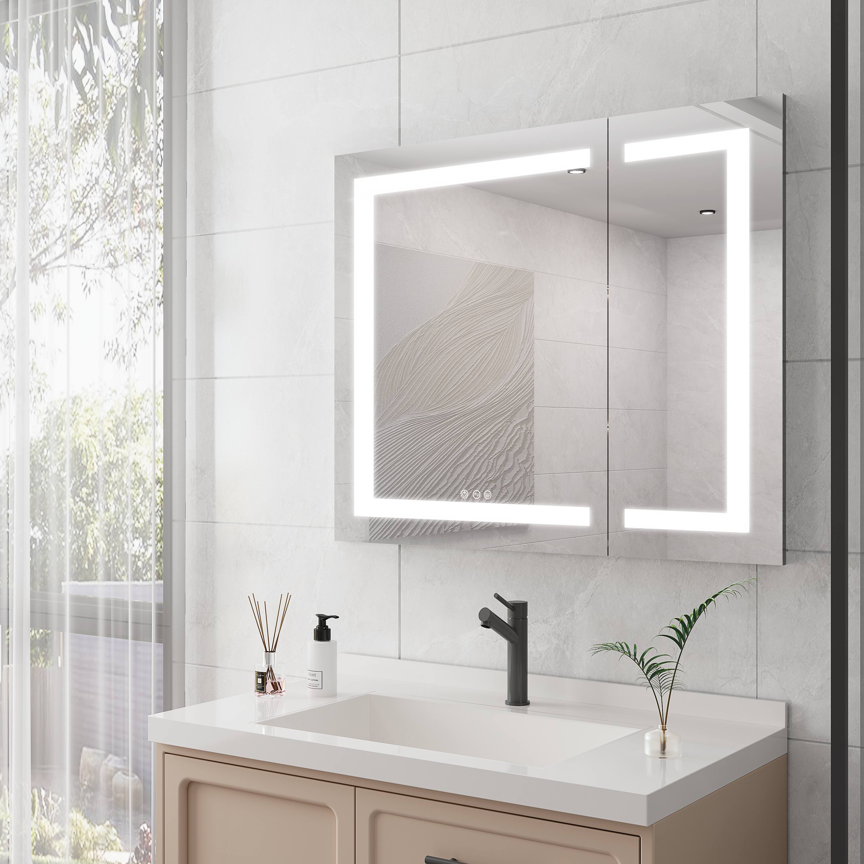 Angle. Boyel Living - 36x30 Inch Medicine Cabinet with LED Vanity Mirror Double Door Anti Fog Recessed or Surface Mount - Silver.