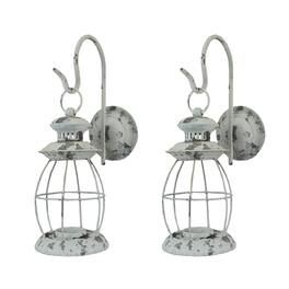 Zeckos - Set of 2 Rustic Distressed Metal Wall Mounted Railroad Lantern Hanging Sconces - White