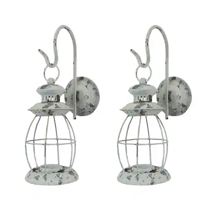 Front. Zeckos - Set of 2 Rustic Distressed Metal Wall Mounted Railroad Lantern Hanging Sconces - White.