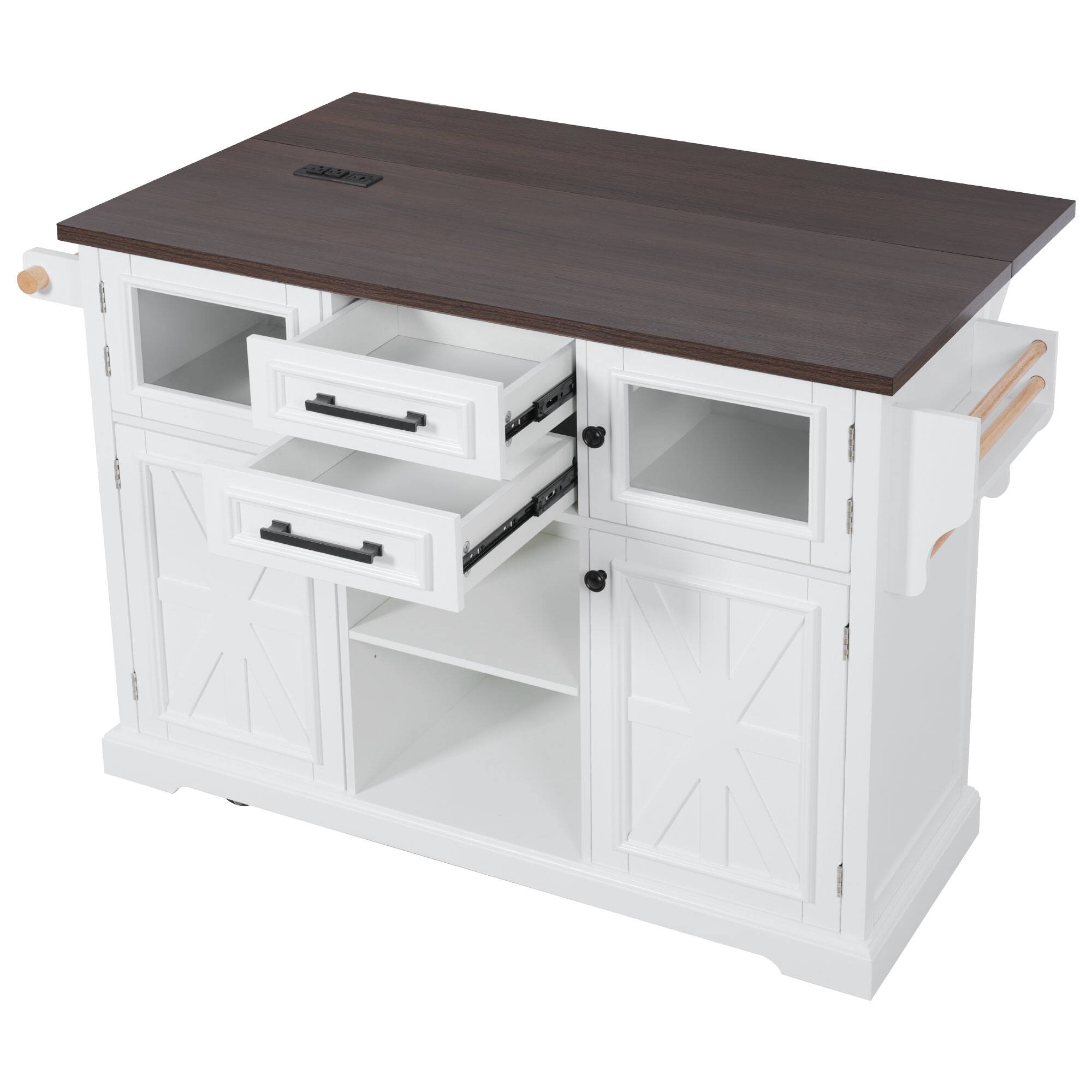 Alt View 1. Whisen - 54.9" Kitchen Island with Drop Leaf & Power Outlet, Rolling Storage Cart with 4 Doors & 2 Drawers - White.
