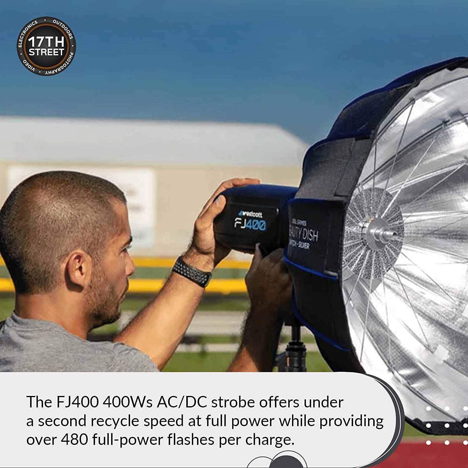 ELECTRONICS OUTDOORS 17TH STREET ORIA AMAYEDOLOHA wetcott FJ400 .RG EAITY DISH SUVER

The FJ400 400Ws AC/DC strobe offers under a second recycle speed at full power while providing over 480 full-power flashes per charge.