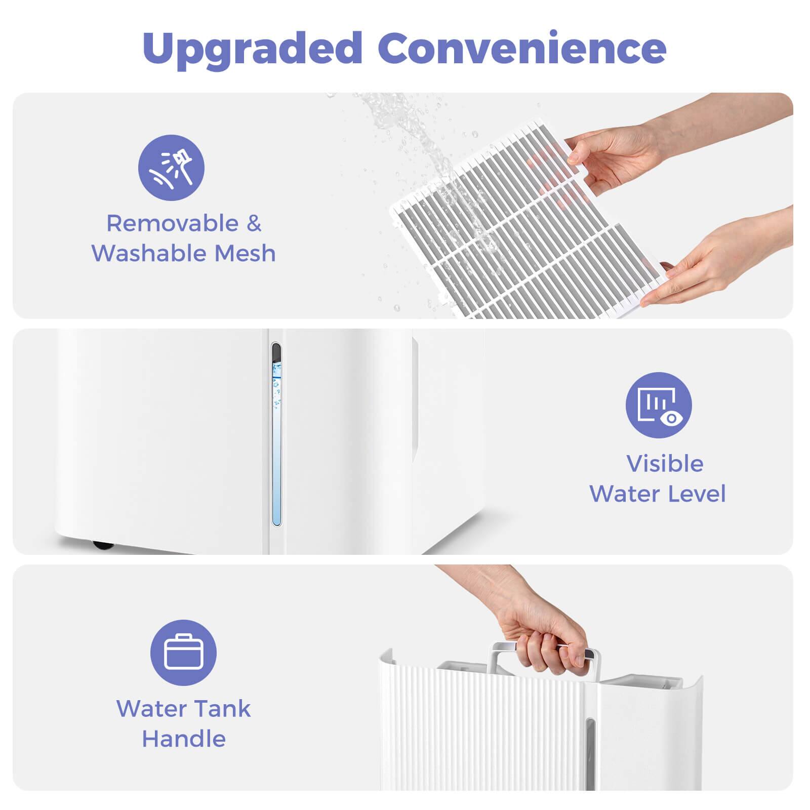 Upgraded Convenience

- Removable & Washable Mesh
- Visible Water Level
- Water Tank Handle