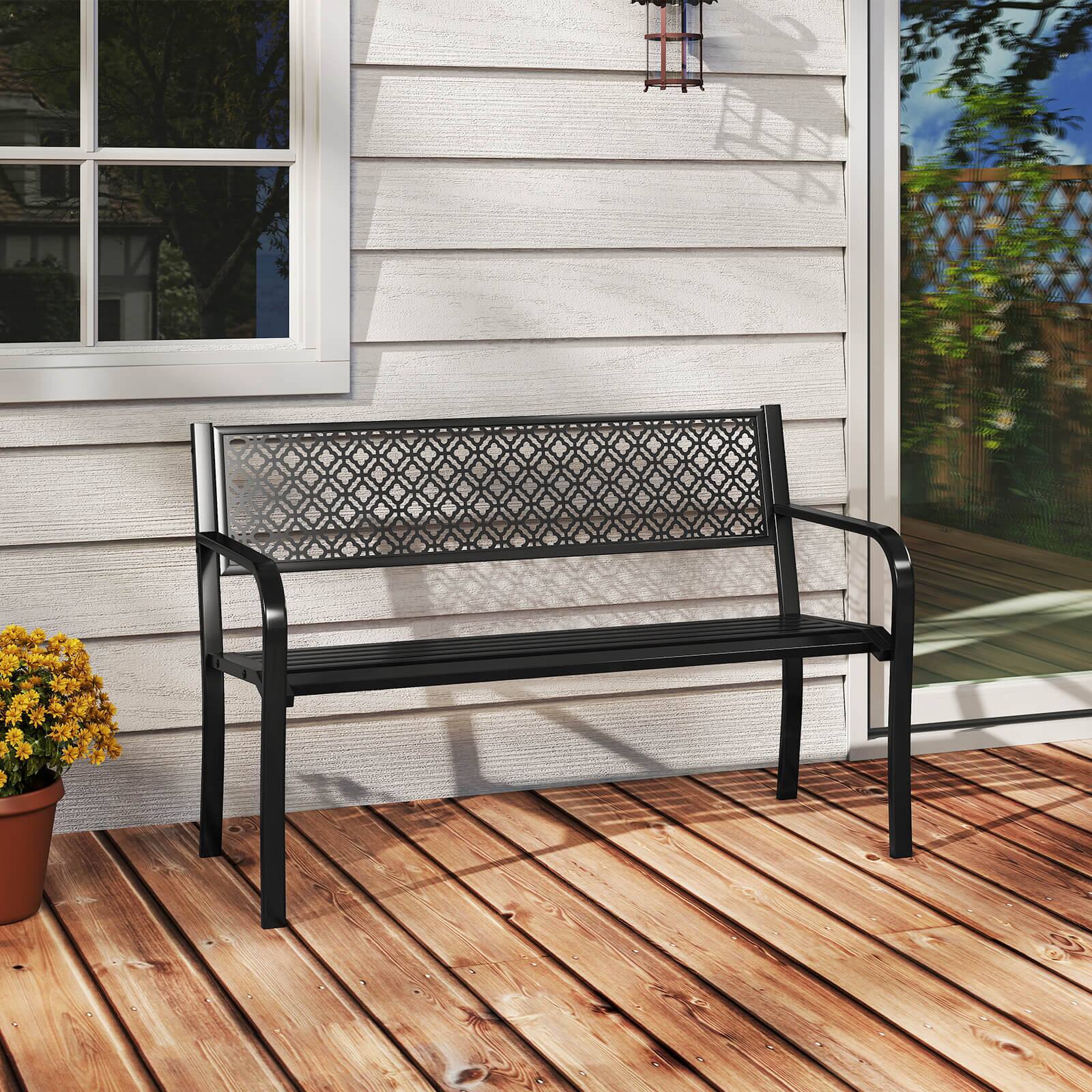 Alt View 1. Costway - Costway 50" Outdoor Garden Bench with Geometric Lattice Backrest Armrests and Slatted Seat - Black.