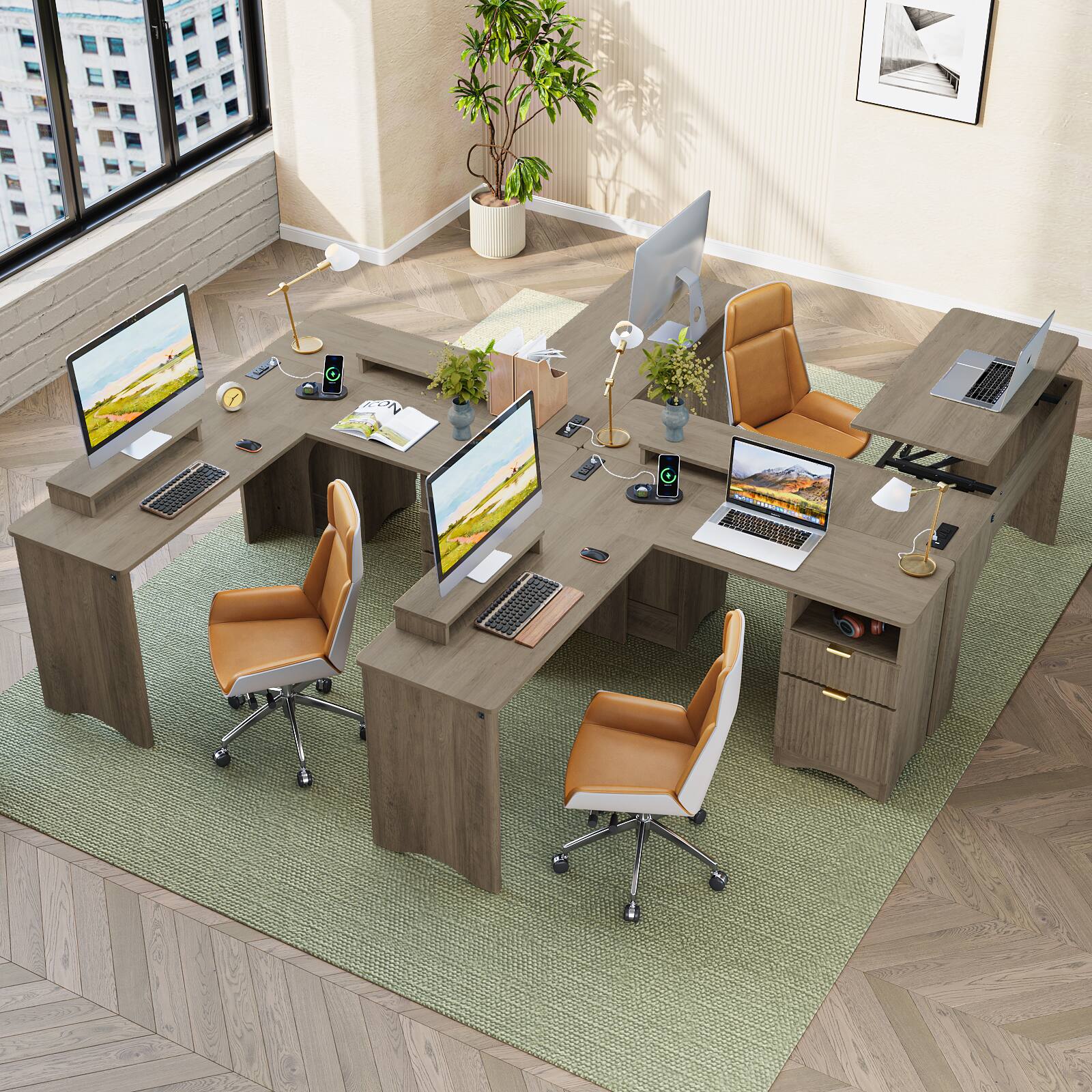 Alt View 1. Bestier - 55-inch L-Shaped Computer Desk with Lift Top, Modern Office Desk with Fluted Drawers & File Storage - Washed Grey.
