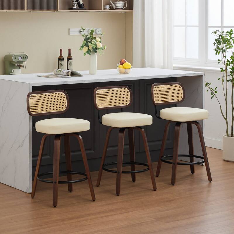 Alt View 1. HTUTWOO - Set of 3 Counter Height Bar Stools - Rattan Counter Height Stools, Swivel Counter Stools,for Island/Kitchen/Counter/Bar - Beige.