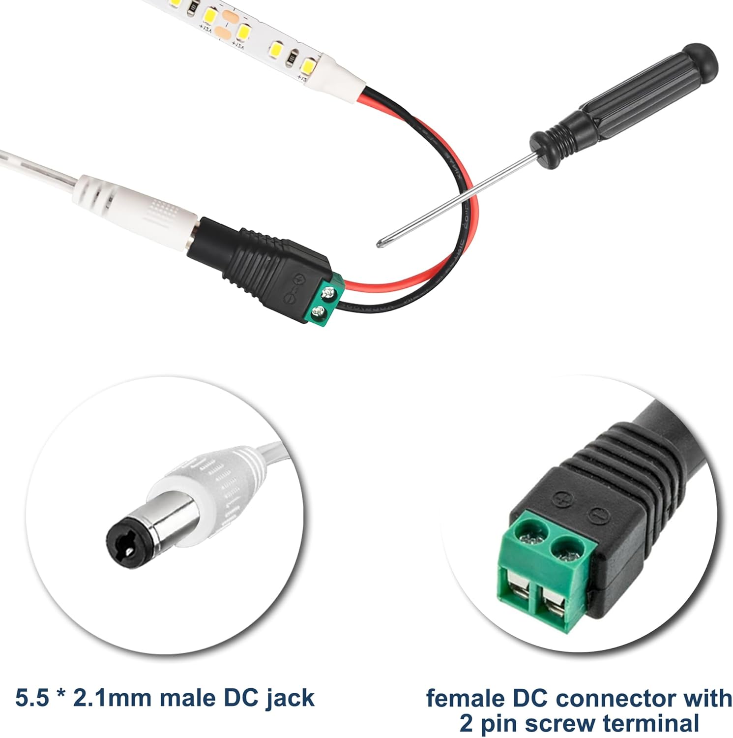 A TSE D LT * 5.5 2.1mm male DC jack female DC connector with 2 pin screw terminal

5.5 * 2.1mm male DC jack

female DC connector with 2 pin screw terminal