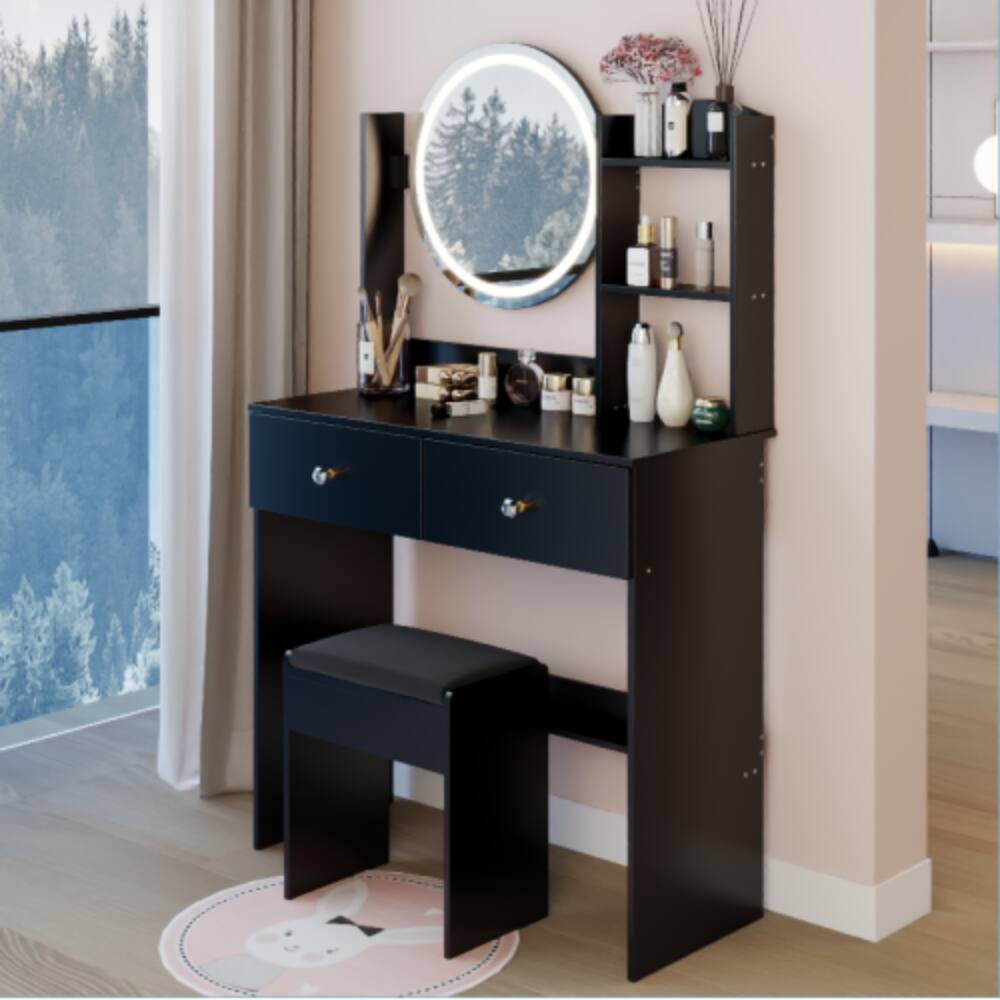 Back. LUCKY ONE - 17in Round LED Mirror Vanity Set with Large Desktop, Multi-Layer Storage and Stool for Small Space - Black.