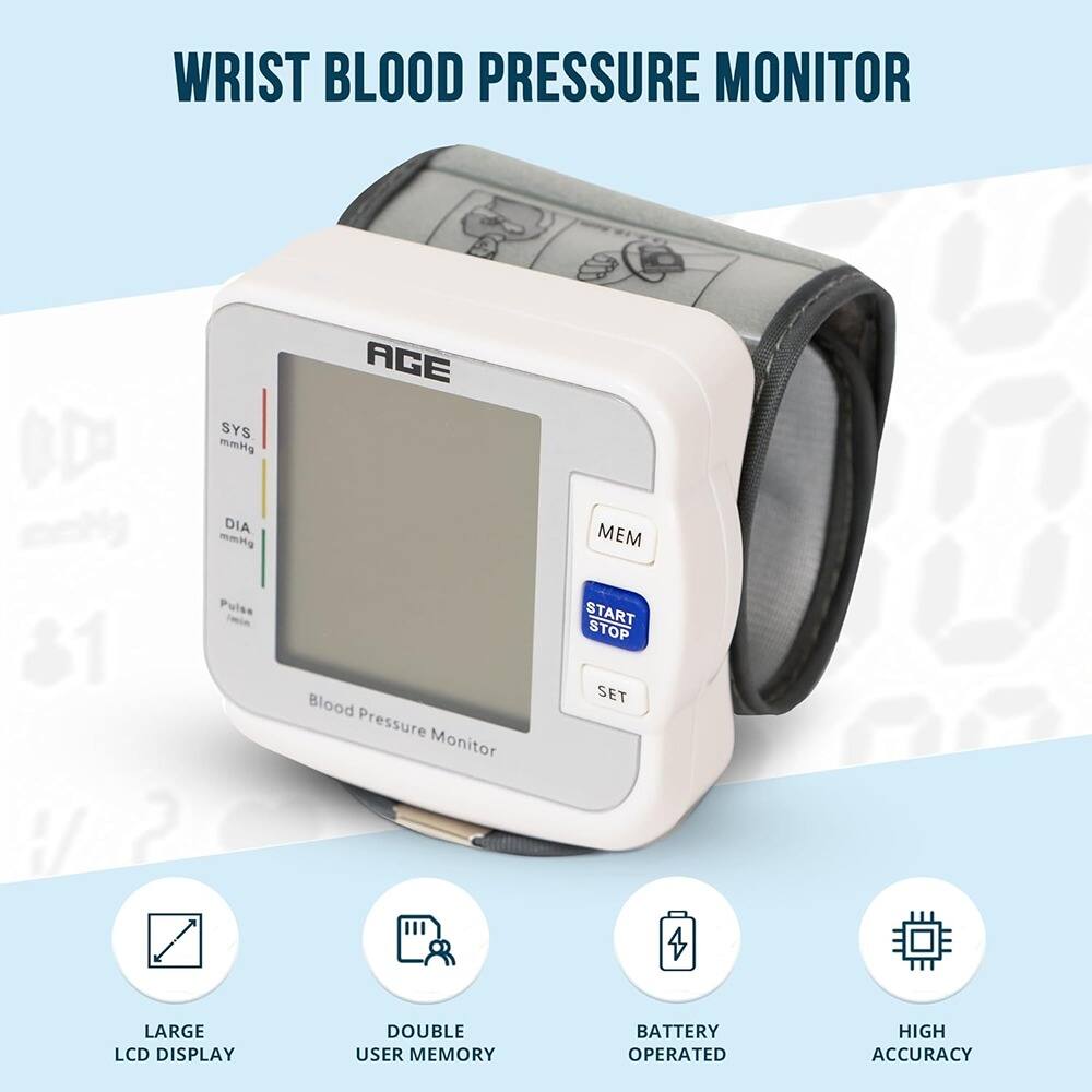 WRIST BLOOD PRESSURE MONITOR

- LARGE LCD DISPLAY
- DOUBLE USER MEMORY
- BATTERY OPERATED
- HIGH ACCURACY

Blood Pressure Monitor

- SYS mmHg
- DIA mmHg
- Pulse
- START STOP
- SET
- MEM