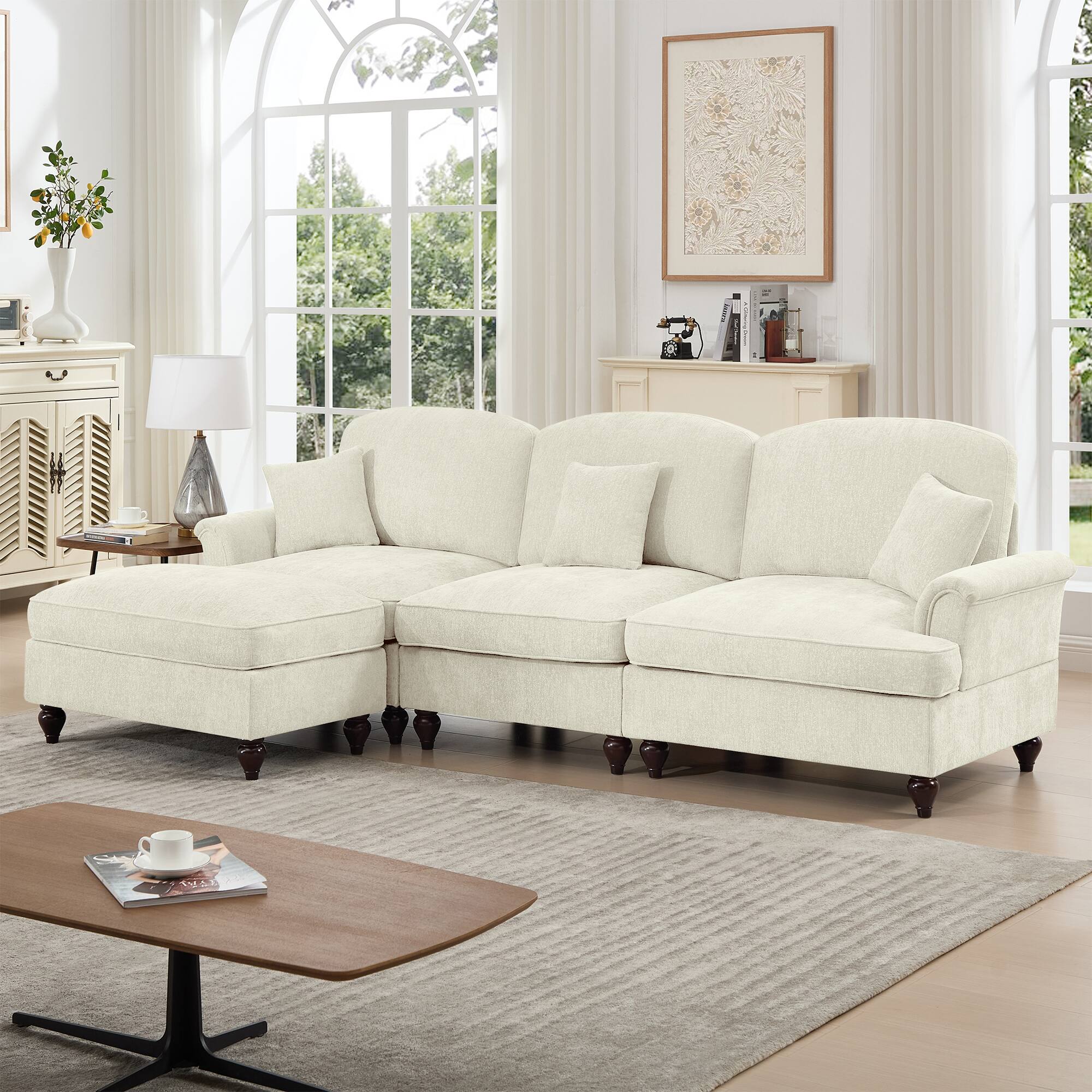 Angle. Anysun - Mid-Century L-Shape Chenille Sectional with Ottoman - Flared Arms, Ruffled Skirt & Spindle Legs - Beige.