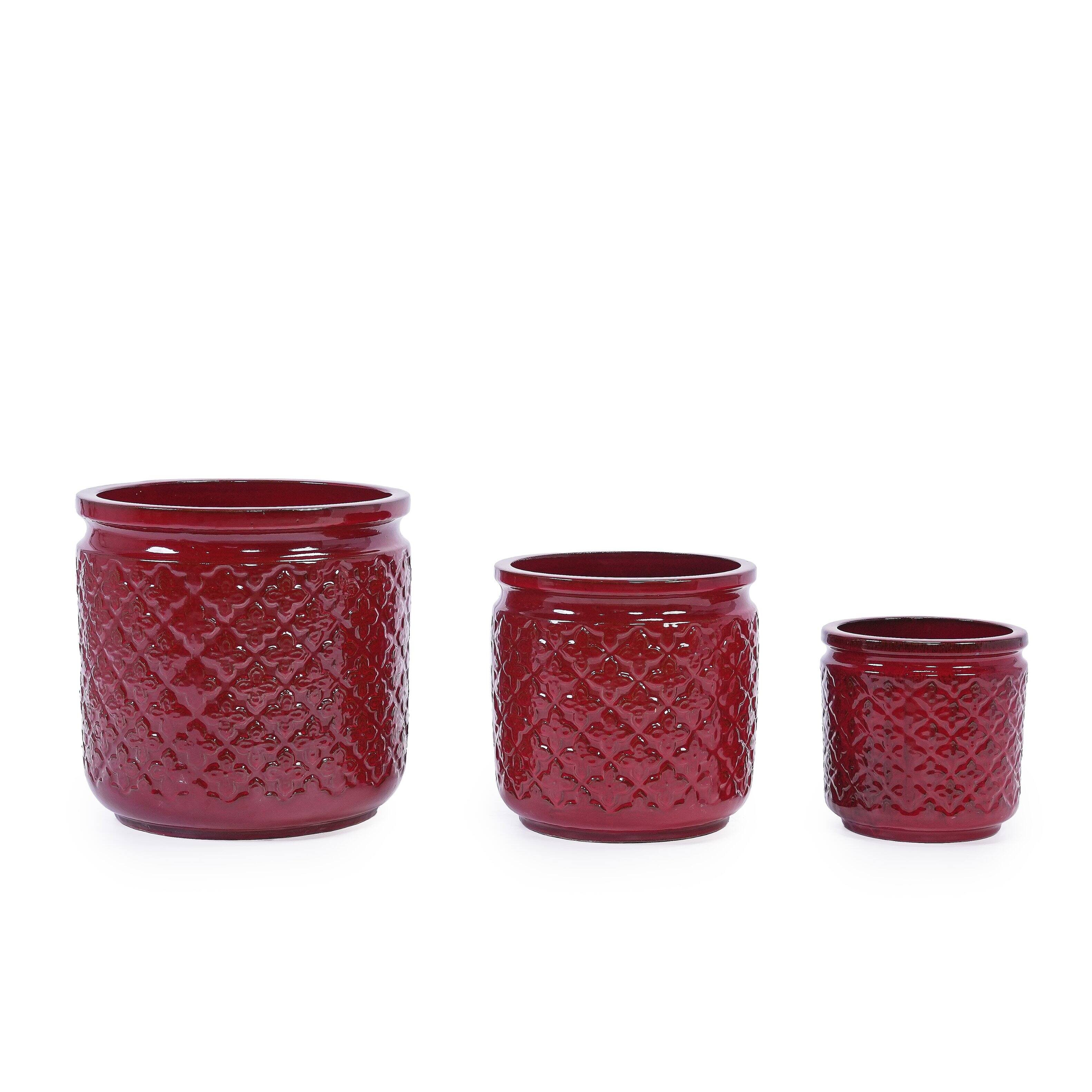 Alt View 2. Loheer - Loheer Ceramic Planter Set, Handmade Burgundy Indoor Plant Pots, Diamond Pattern, Breathable Clay, 15 12 9 Inch.