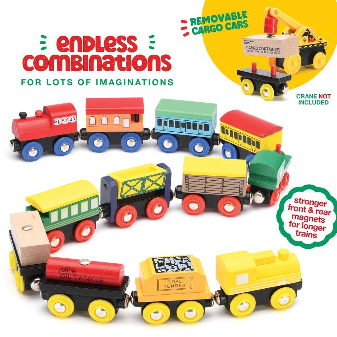 endless combinations  
FOR LOTS OF IMAGINATIONS  

REMOVABLE CARGO CARS  

CRANE NOT INCLUDED  

stronger front & rear magnets for longer trains  

OIL TANKER  
COAL TENDER