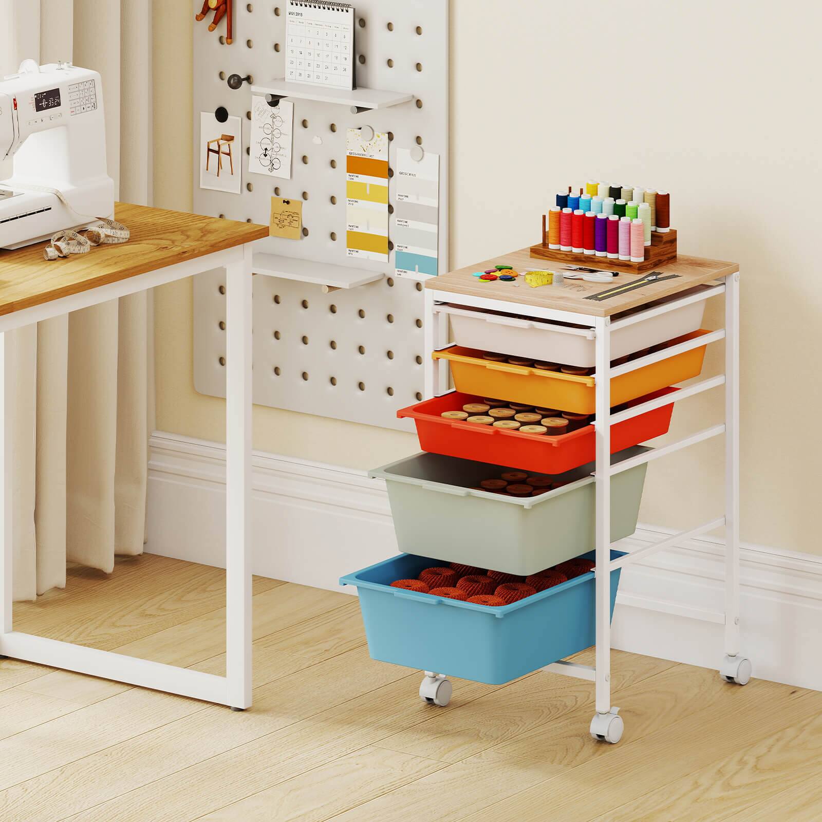 Alt View 4. Costway - Costway 5-Drawer Rolling Art Storage Cart with Wooden Tabletop & Lockable Wheels for Office - Natural + Macaron.