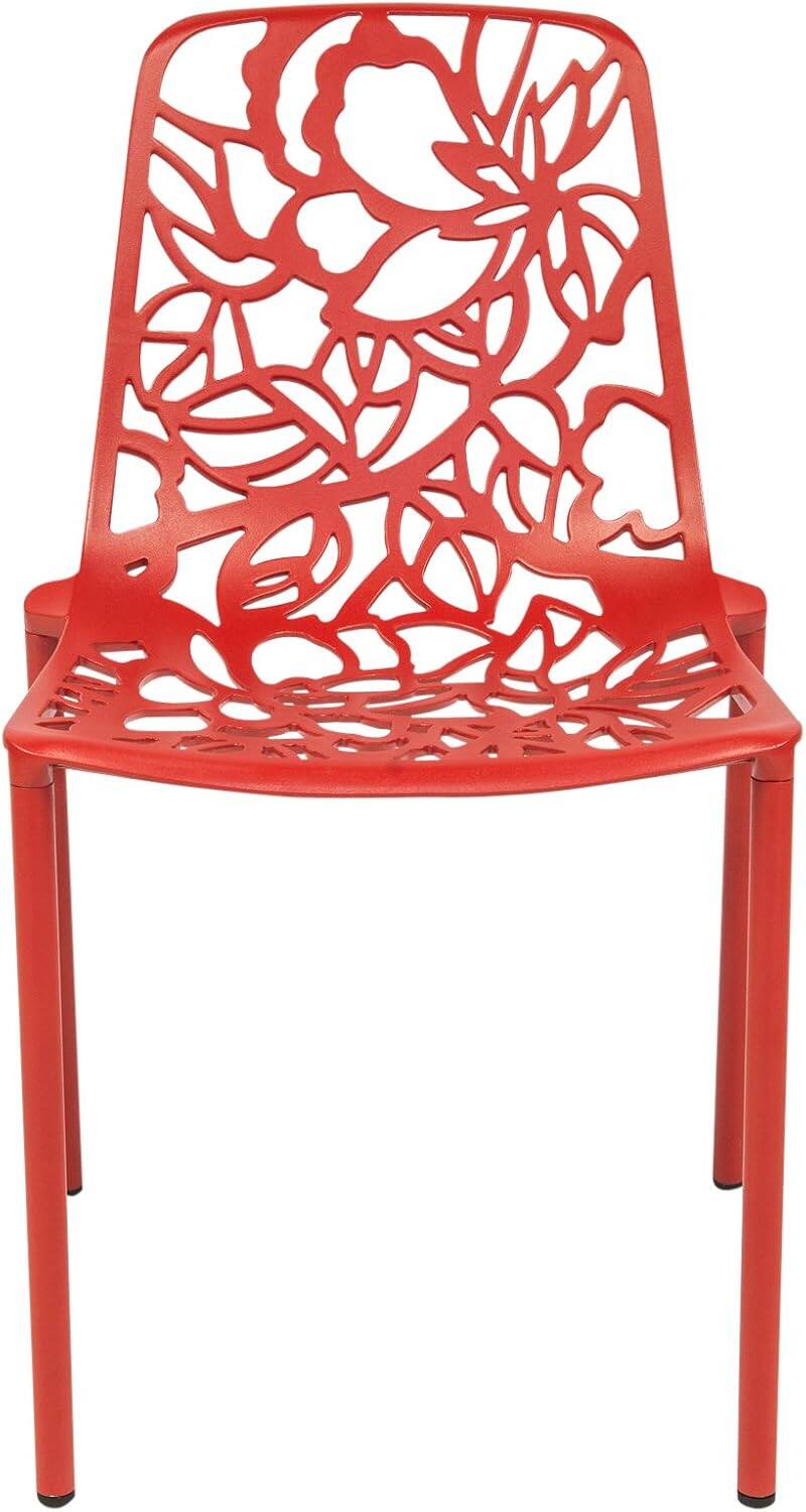 Angle. LeisureMod - Devon Stackable Aluminum Dining Chair, Modern Floral Cutout Indoor/Outdoor Patio Chair - Fully Assembled - Red.
