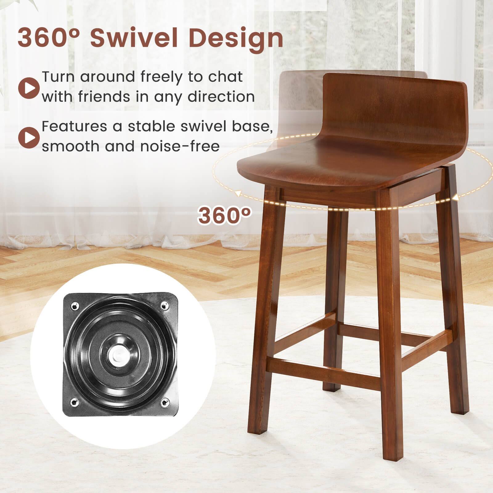 The image features a wooden stool with a 360 swivel design. The stool allows for easy rotation, enabling users to chat with friends in any direction. The stool has a stable swivel base, providing a smooth and noise-free experience.