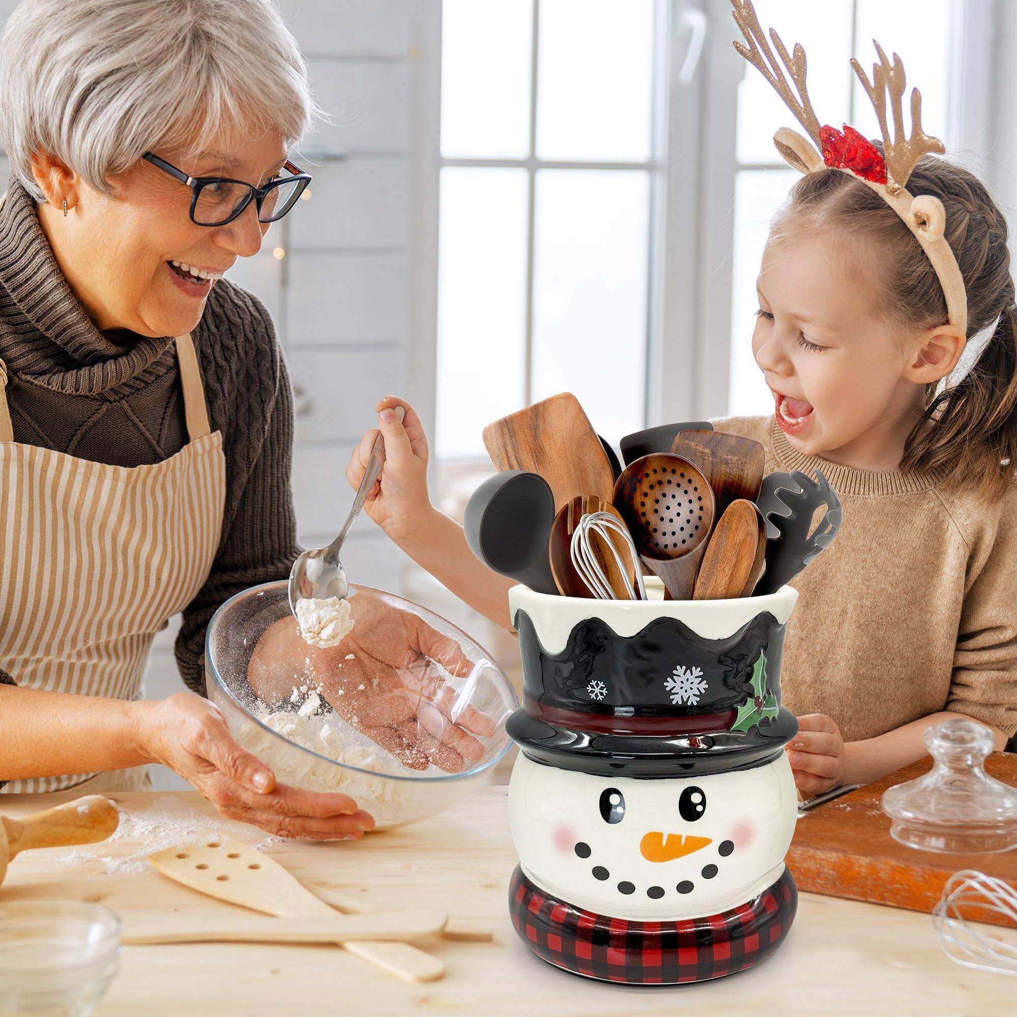 Alt View 7. Paradigms Interiors - Christmas Kitchen Decor Ceramic Snowman Utensil Holder Cute Utensils Xmas Crock For Rustic Farmhouse Indoor... - Christmas Snowman.