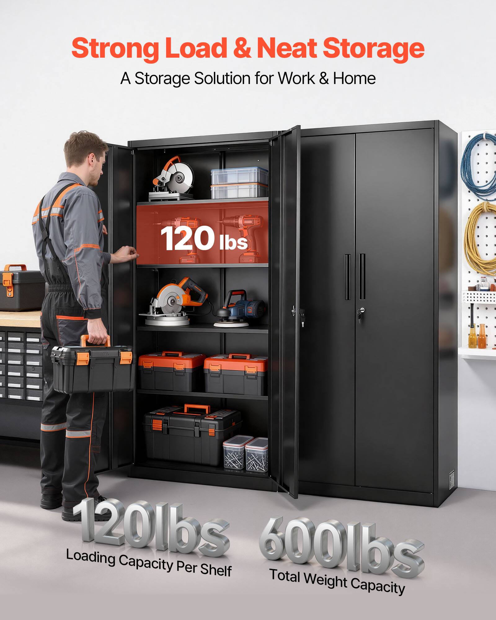 Strong Load & Neat Storage  
A Storage Solution for Work & Home  

120 lbs Loading  
120 lbs Capacity Per Shelf  
600 lbs Total Weight Capacity