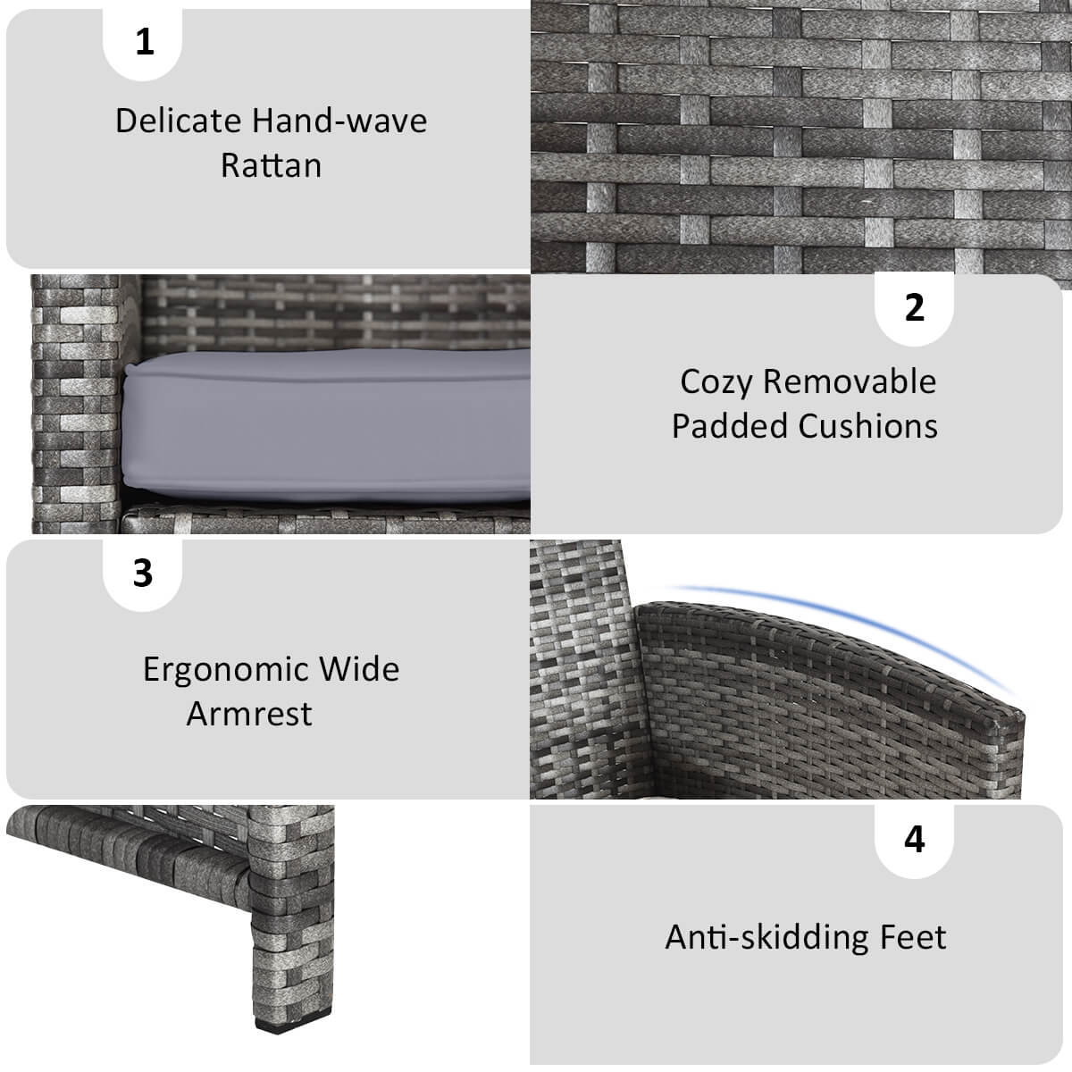 1. Delicate Hand-wave Rattan
2. Cozy Removable Padded Cushions
3. Ergonomic Wide Armrest
4. Anti-skidding Feet