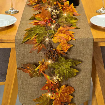 Front. PARKER SLATER - 6FT Fall Maple Leaf Garland with Pine Cones, Berries and 30 Warm LED Lights - Red, Orange, Yellow.