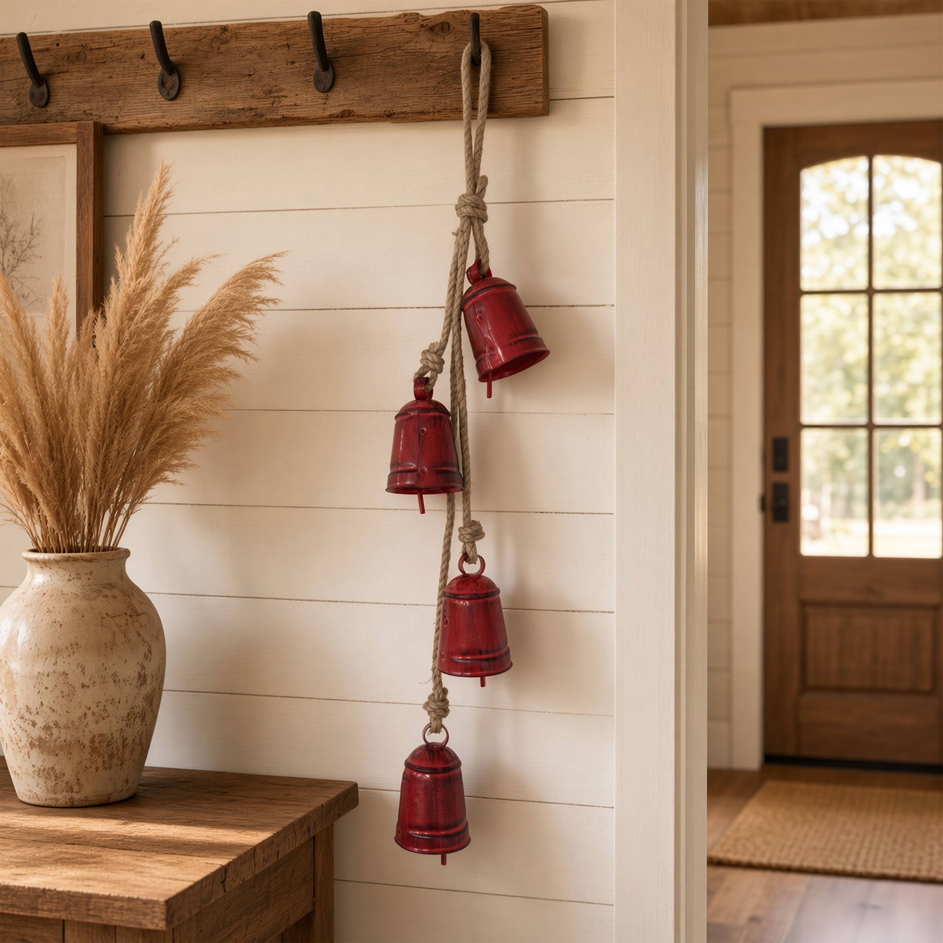 Alt View 7. Manhattan Lane - 27 Inch Decorative Wind Chime, 4 Cascading Cow Bells, Jute Rope, Boho Rustic Style - Antique Red, Natural Brown.