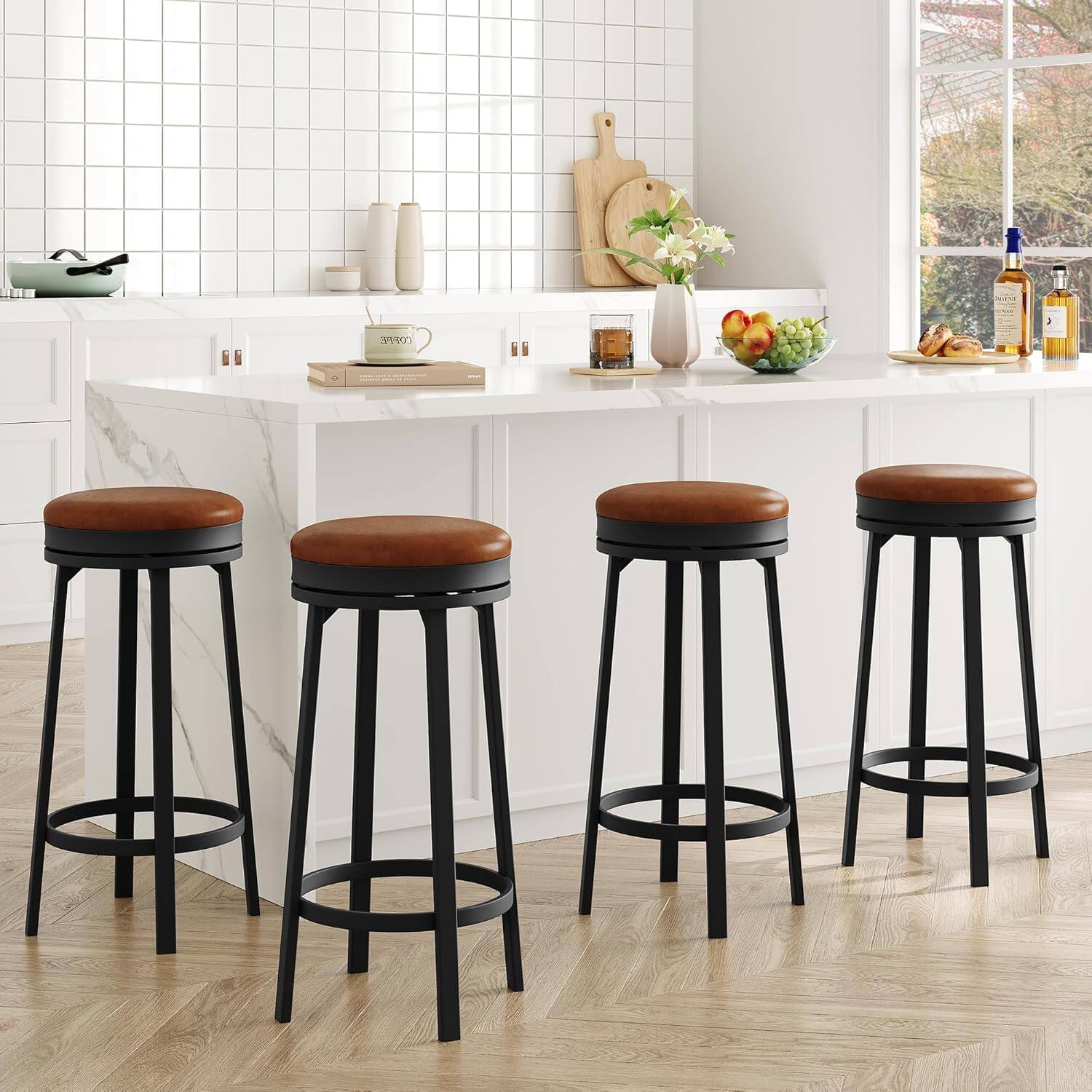Alt View 3. Homhougo - 4-Pc Swivel Barstool Set – Mid-Century Modern, PU Leather, 360° Rotate, Metal Footrest, Counter Height - Brown.
