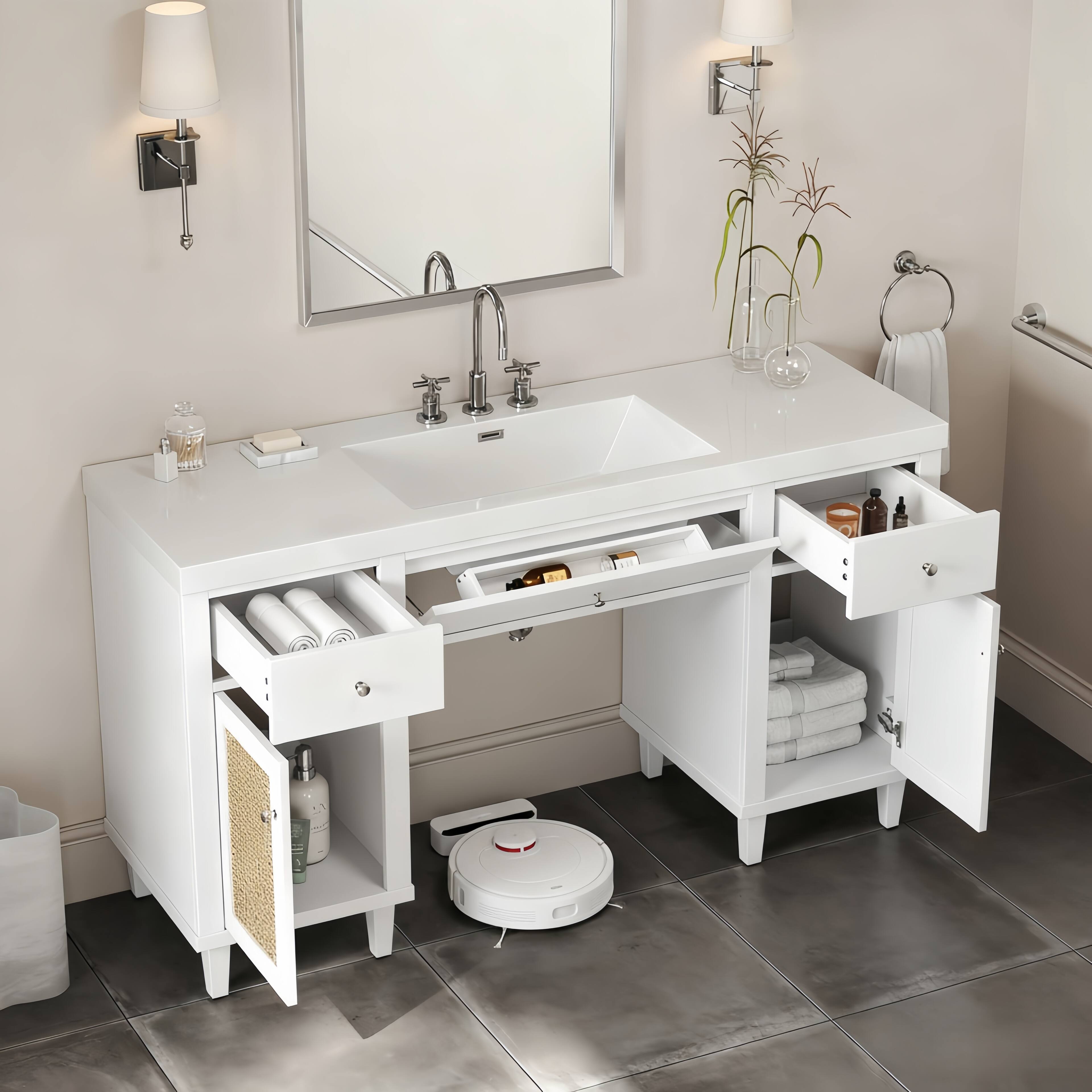 Alt View 2. Loheer - 5 ft White Bathroom Vanity with SMC Sink, Soft-Close Drawers, Tip-Out Tray, Spacious Storage - White.
