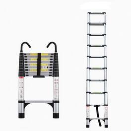 ELEMENT ACE - 9.5 Foot Aluminum Telescopic Ladder with Stabilizers and Hooks for Industrial and Home Use - Antique Silver