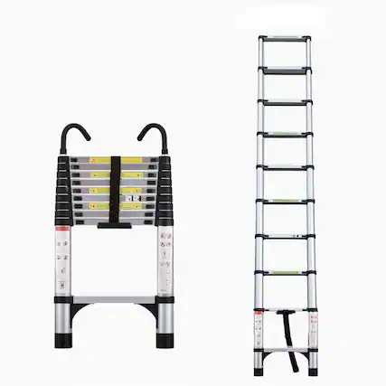 Front. ELEMENT ACE - 9.5 Foot Aluminum Telescopic Ladder with Stabilizers and Hooks for Industrial and Home Use - Antique Silver.