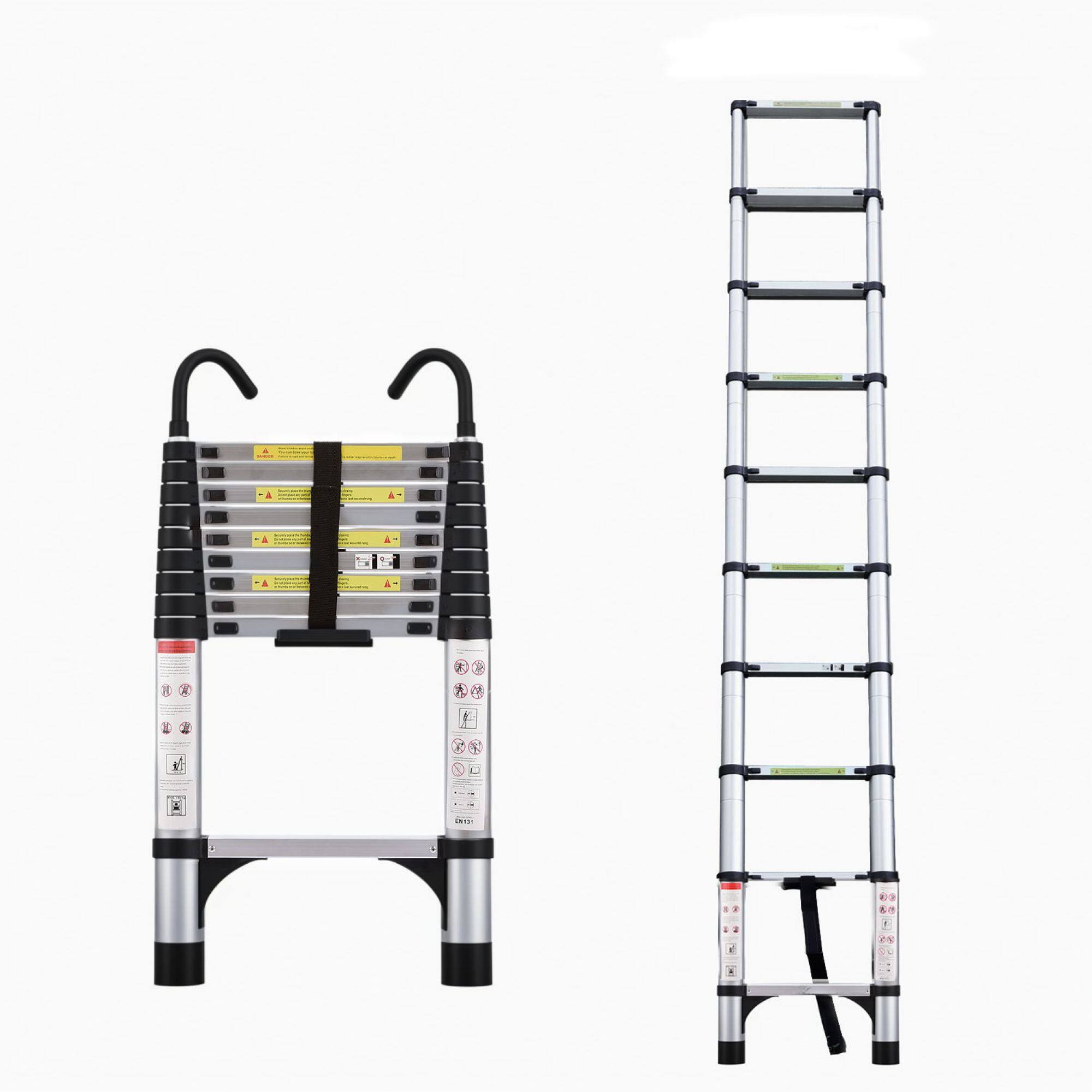 Front. ELEMENT ACE - 9.5 Foot Aluminum Telescopic Ladder with Stabilizers and Hooks for Industrial and Home Use - Antique Silver.