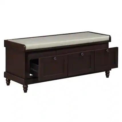Front. HTUTWOO - Shoe Storage Bench for Living Room Entryway Hallways - Bench with Cushion and Three Drawers, Fluted Entryway Bench - Espresso.