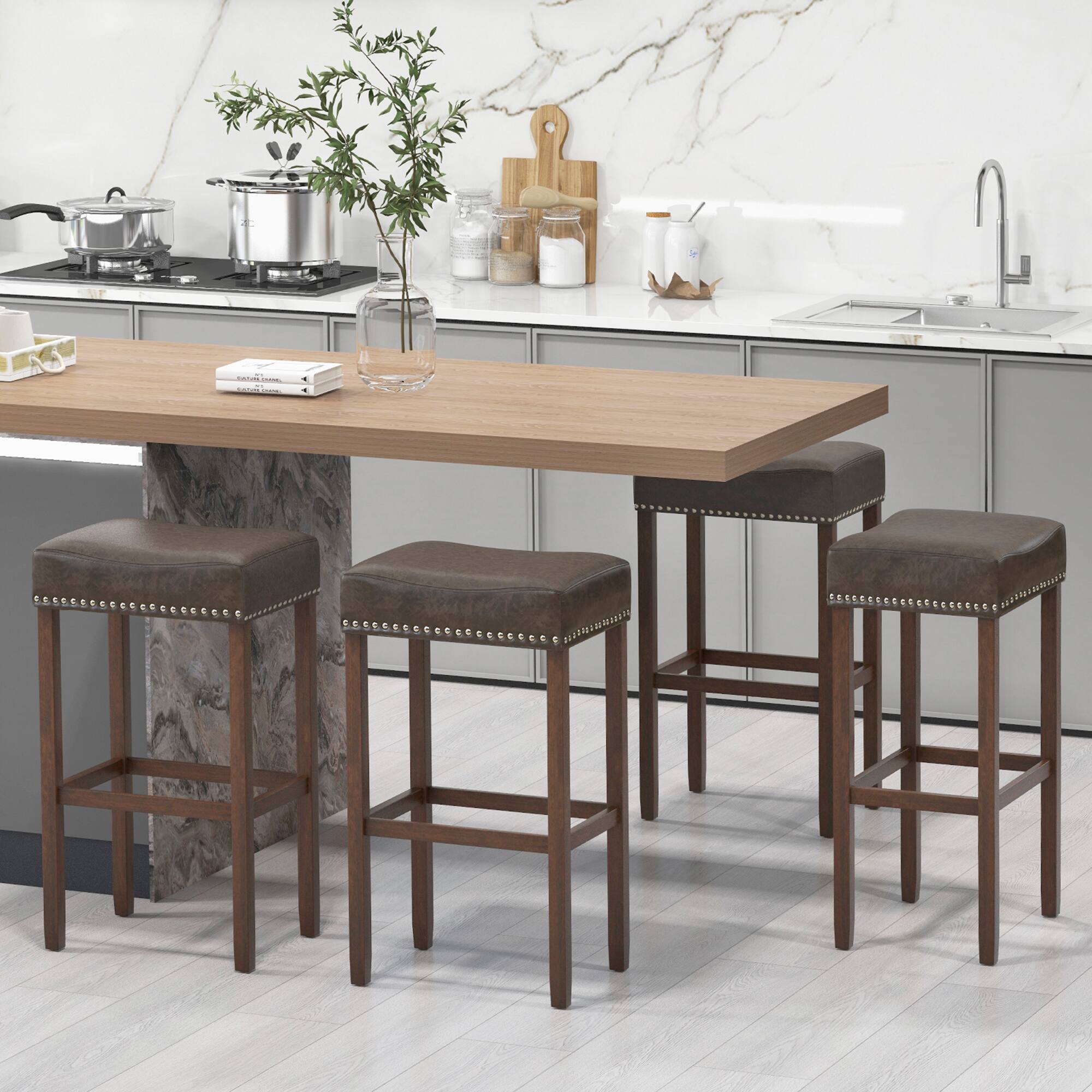 Alt View 3. Gymax - Gymax 4PCS 29.5'' Bar Stool Set Counter Height Saddle Stools with Rubber Wood Frame - Gray + Brown.