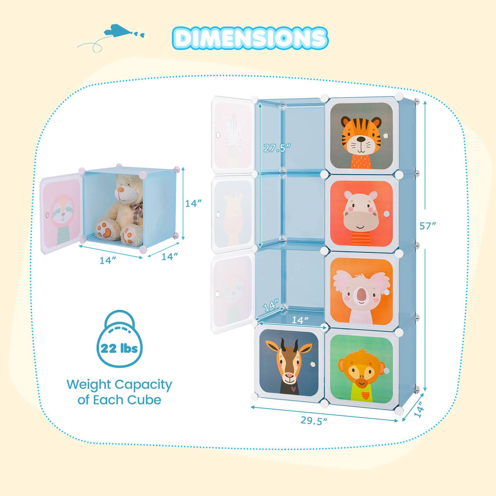 DIMENSIONS  
27.5" L x 14" W x 57" H  
Weight Capacity of Each Cube: 22 lbs  
29.5" W x 14" D x 14" H