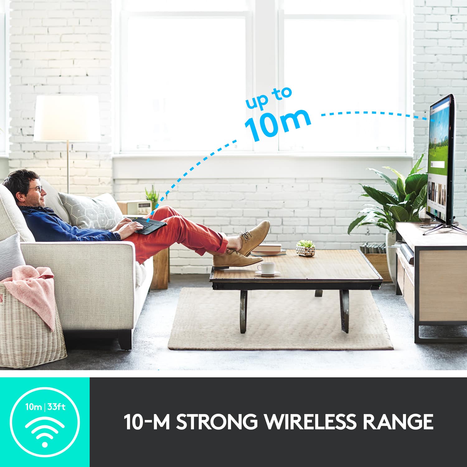 The text on the image reads: "To up 10m 10m | 33ft 10-M STRONG WIRELESS RANGE."