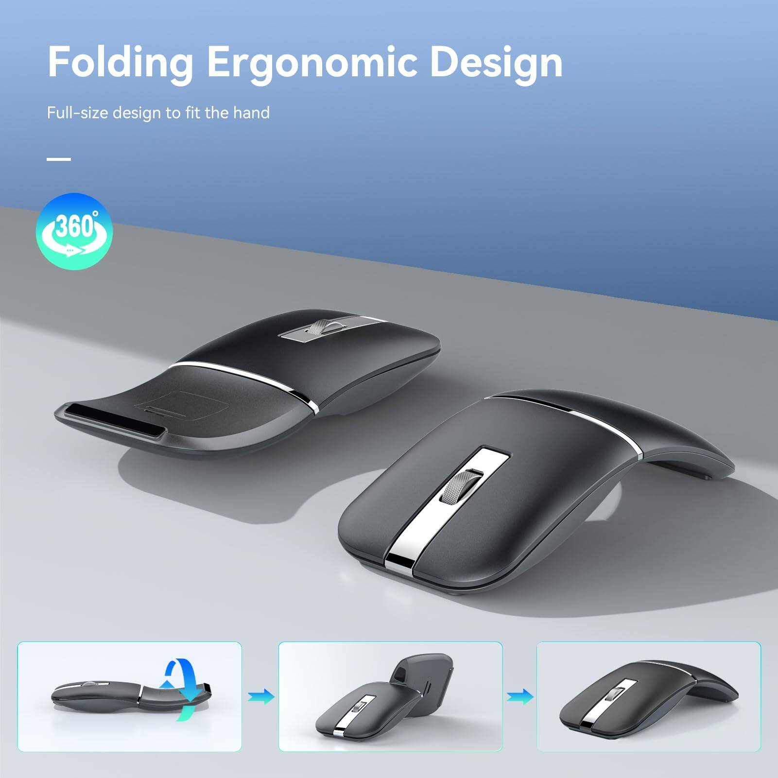 Folding Ergonomic Design  
Full-size design to fit the hand  

360°