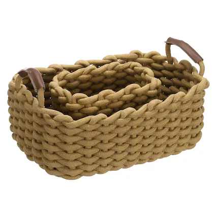 Front. Unique Bargains - 2pcs Woven Basket Cotton Rope Storage Baskets with PU Handle, Gift Chest Box, for Shelf Organizing Home Decor Nursery - Khaki.