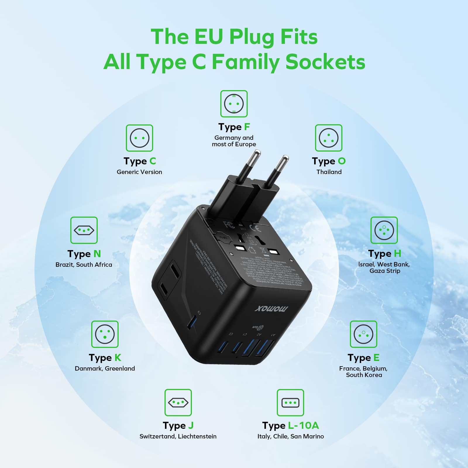 Momax 7 in 1 Universal Travel Adapter, 3 USB C PD & 2 USB A QC