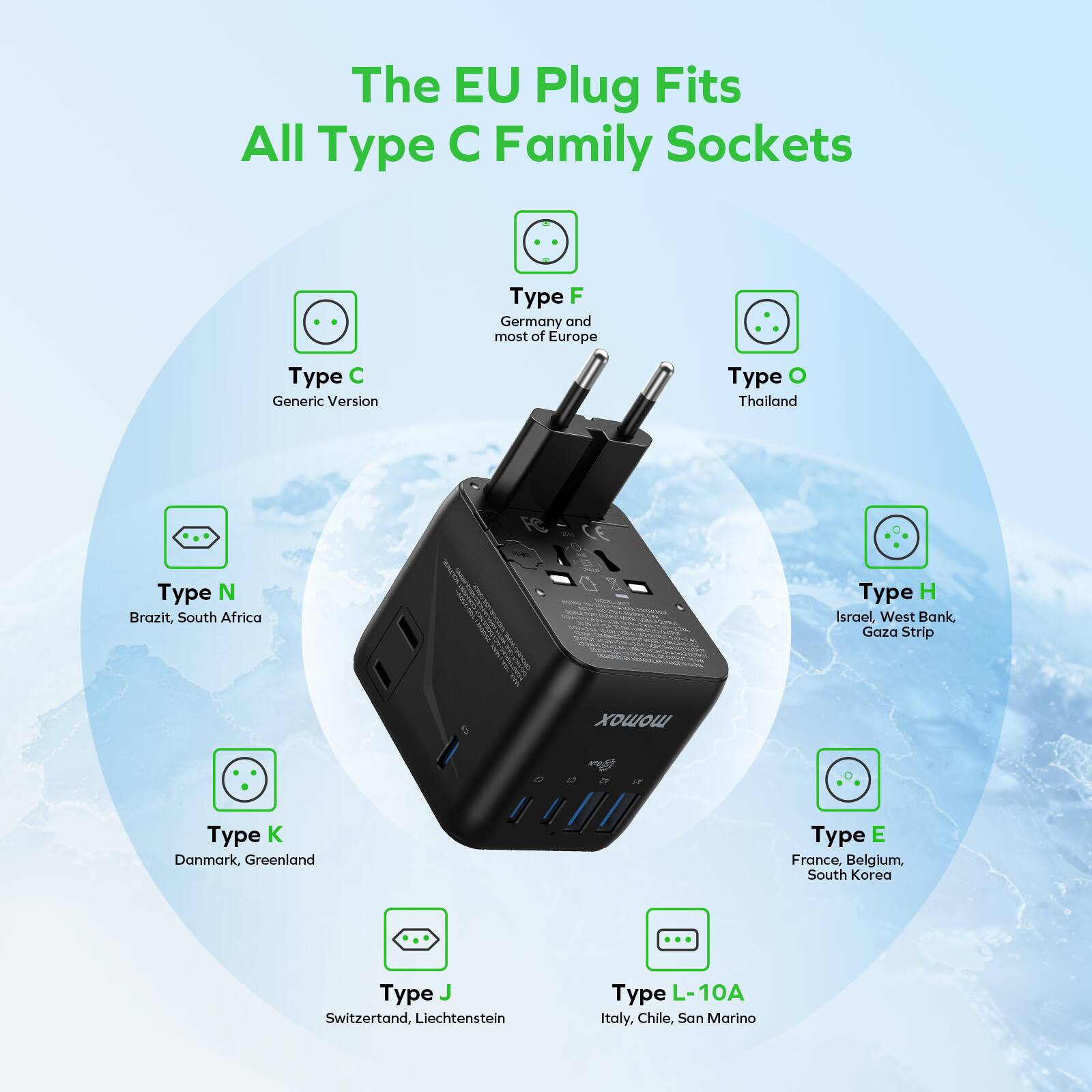 The EU Plug Fits All Type C Family Sockets

- Type C: Generic Version
- Type F: Germany and most of Europe
- Type O: Thailand
- Type N: Brazil, South Africa
- Type H: Israel, West Bank, Gaza Strip
- Type K: Denmark, Greenland
- Type E: France, Belgium, South Korea
- Type J: Switzerland, Liechtenstein
- Type L-10A: Italy, Chile, San Marino