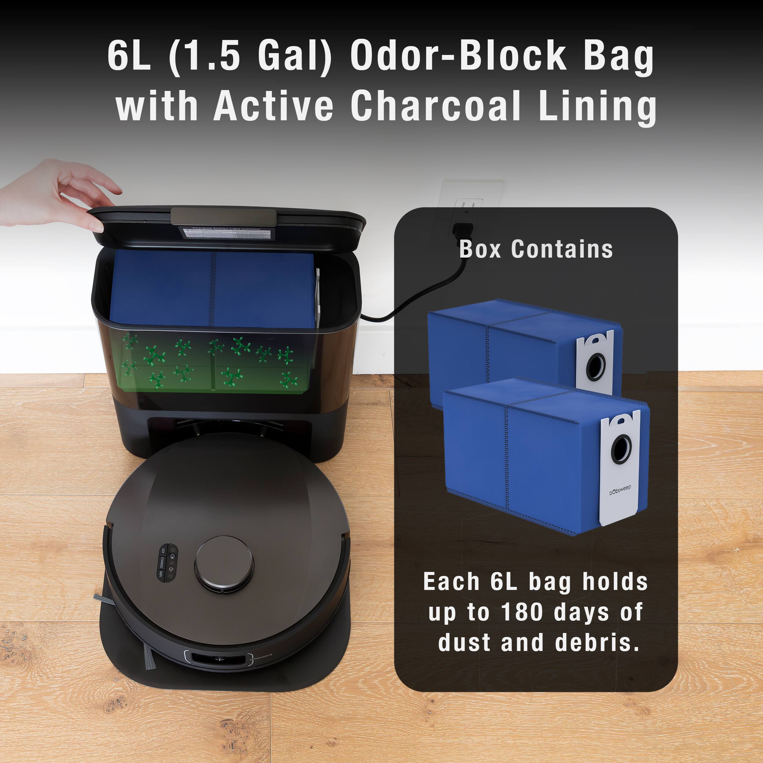 The text on the image reads: "6L (1.5 Gal) Odor-Block Bag with Active Charcoal Lining Box Contains ne Each 6L bag holds up to 180 days of dust and debris."