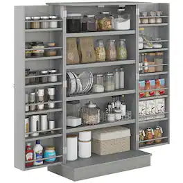 Homcom - 41" Kitchen Pantry Storage Cabinet, Freestanding Kitchen Cabinet with 12 Door Shelves, Double Doors, 5-tier Shelving - Gray
