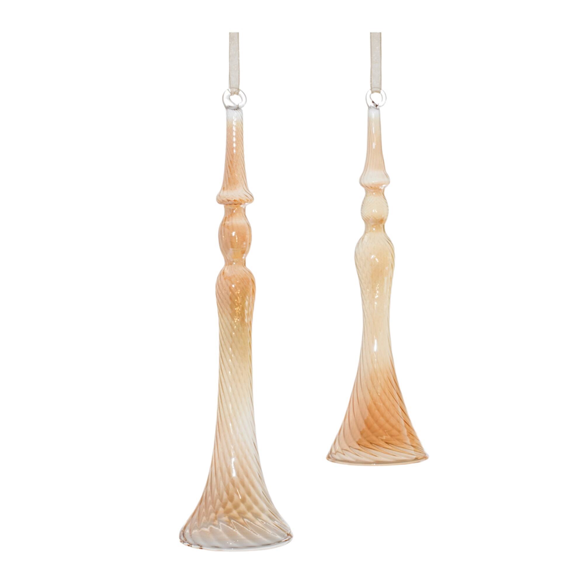 Front. BreeBe - Amber Ombre Swirl Glass Drop Ornament (Set of 12) - Orange, Beige.